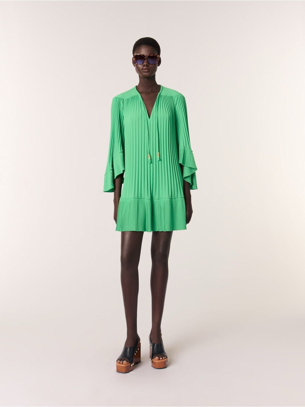 Maje Mini Pleated Dress Size 42 | Kelly Green Trapeze Bell Sleeve | Like New